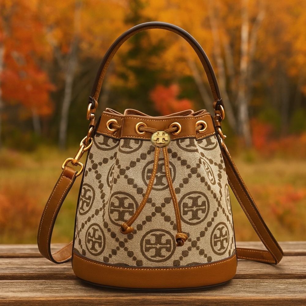 NEW Tory Burch T Monogram Hazelnut Jacquard Drawstring Crossbody/Bucket Bag